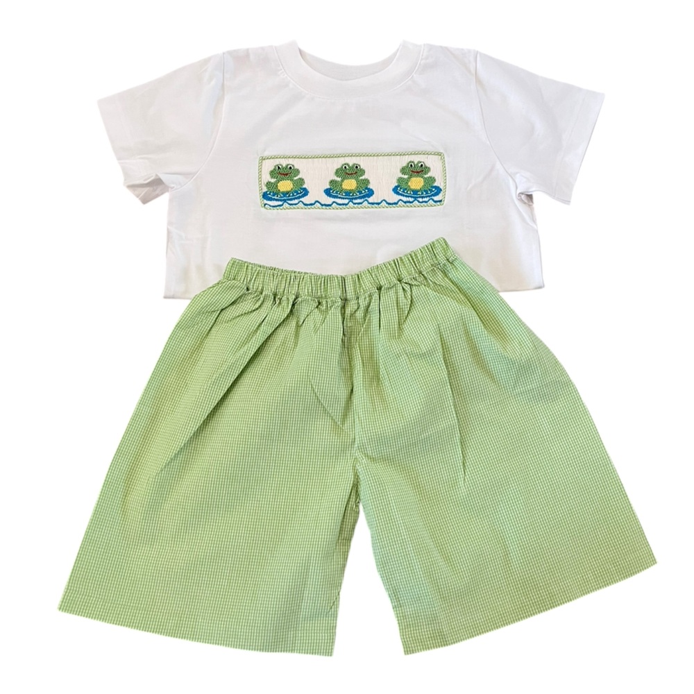 Boys Smocked Frogs Gingham Short Set 5T Maria Court - Picture 5 of 12